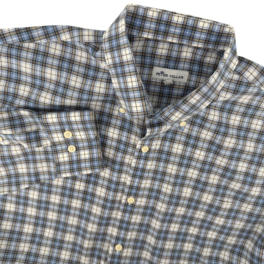 Peter Millar Men Large Classic Blue White Plaid‎ Long Sleeve Button Down Shirt